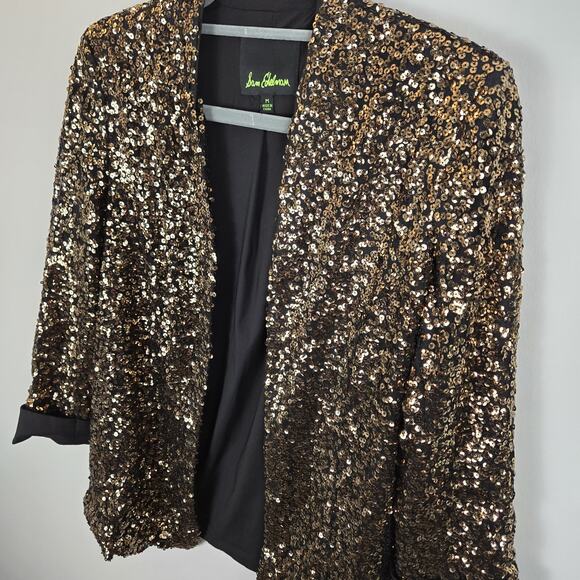 Sam Edelman Evening Brown Jacket Collared Gold Sequin Open Front 3/4 Sleeve MED - Picture 3 of 7